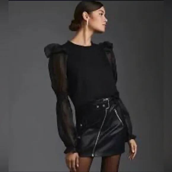 Anthropologie Black Puff Sheer Long Sleeve Blouse Women’s Size M Romantic Top - Picture 2 of 8